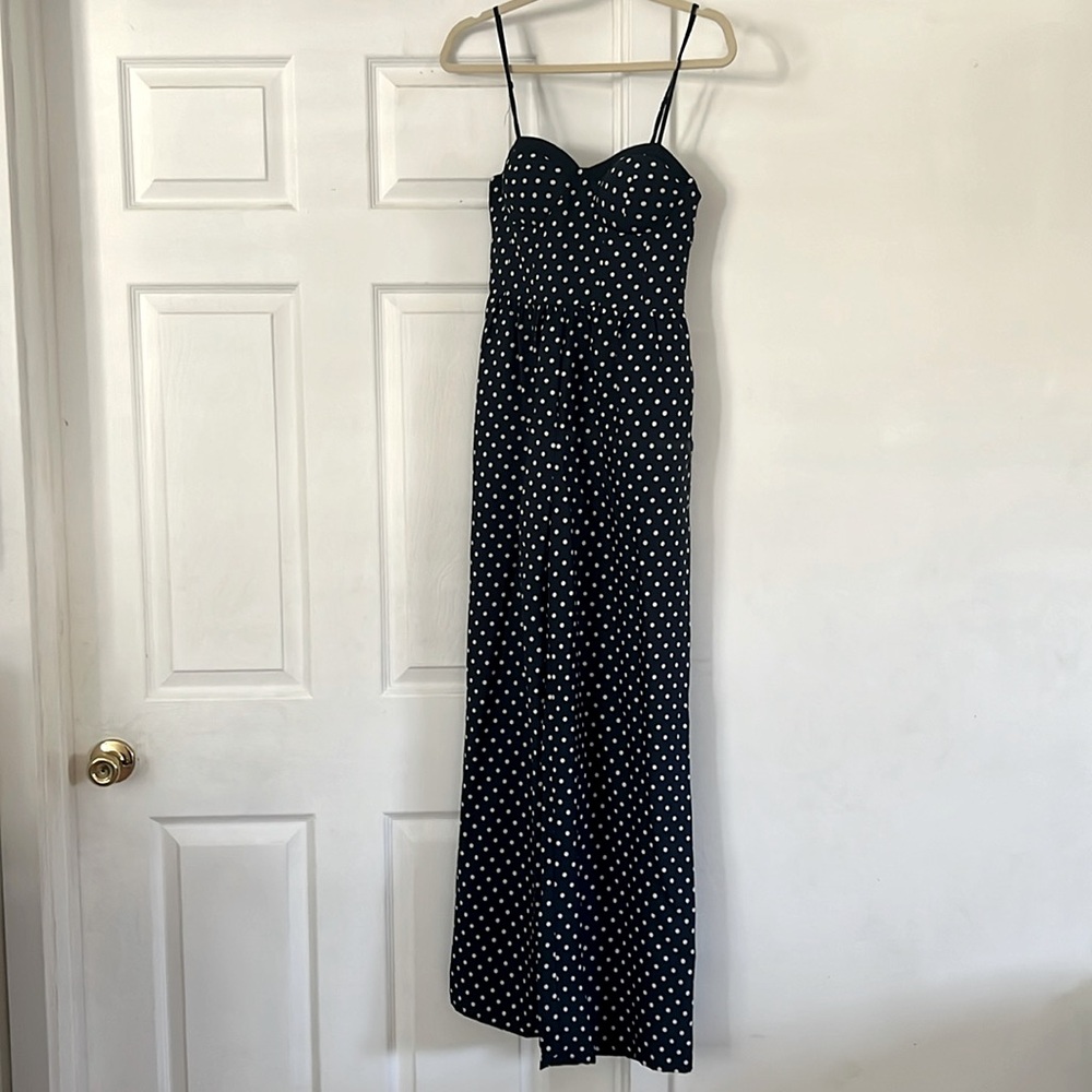 Navy and white polka dot jumpsuit, wide leg, bustier top spaghetti straps (S)